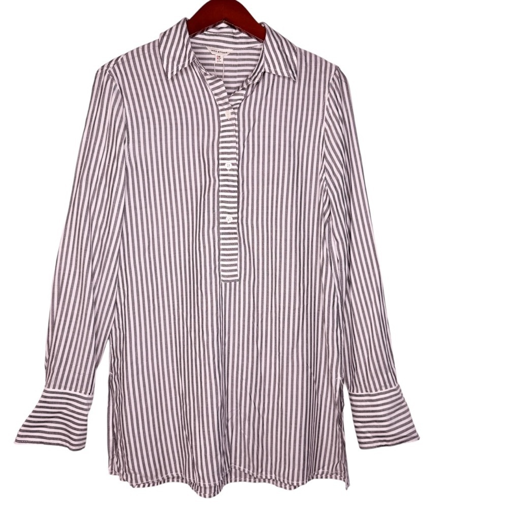 MAX STUDIO NWT Half Button Up Tunic Top Size Medium in Gray and White Stripe